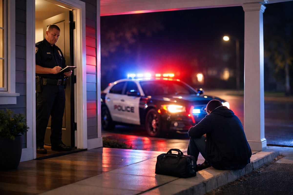A nighttime front porch scene with a patrol car parked at the curb, flashing lights reflecting off the house, an officer standing by an open front door with paperwork in hand, and a person sitting on the edge of a curb beside a small overnight bag