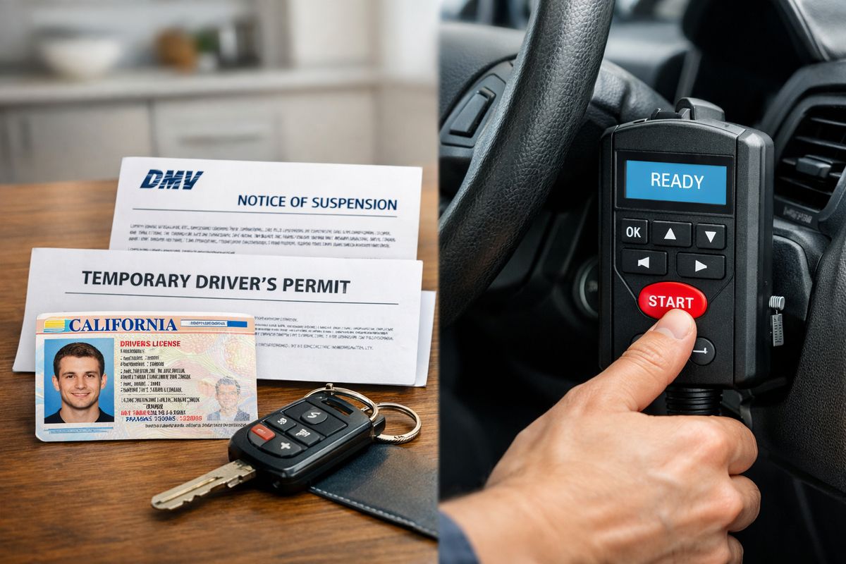 A close-up of a driver’s license, a temporary paper permit, a DMV-style suspension notice, and car keys arranged on a kitchen table beside an ignition interlock device mounted near a steering wheel, with a hand reaching toward the device to start the car.