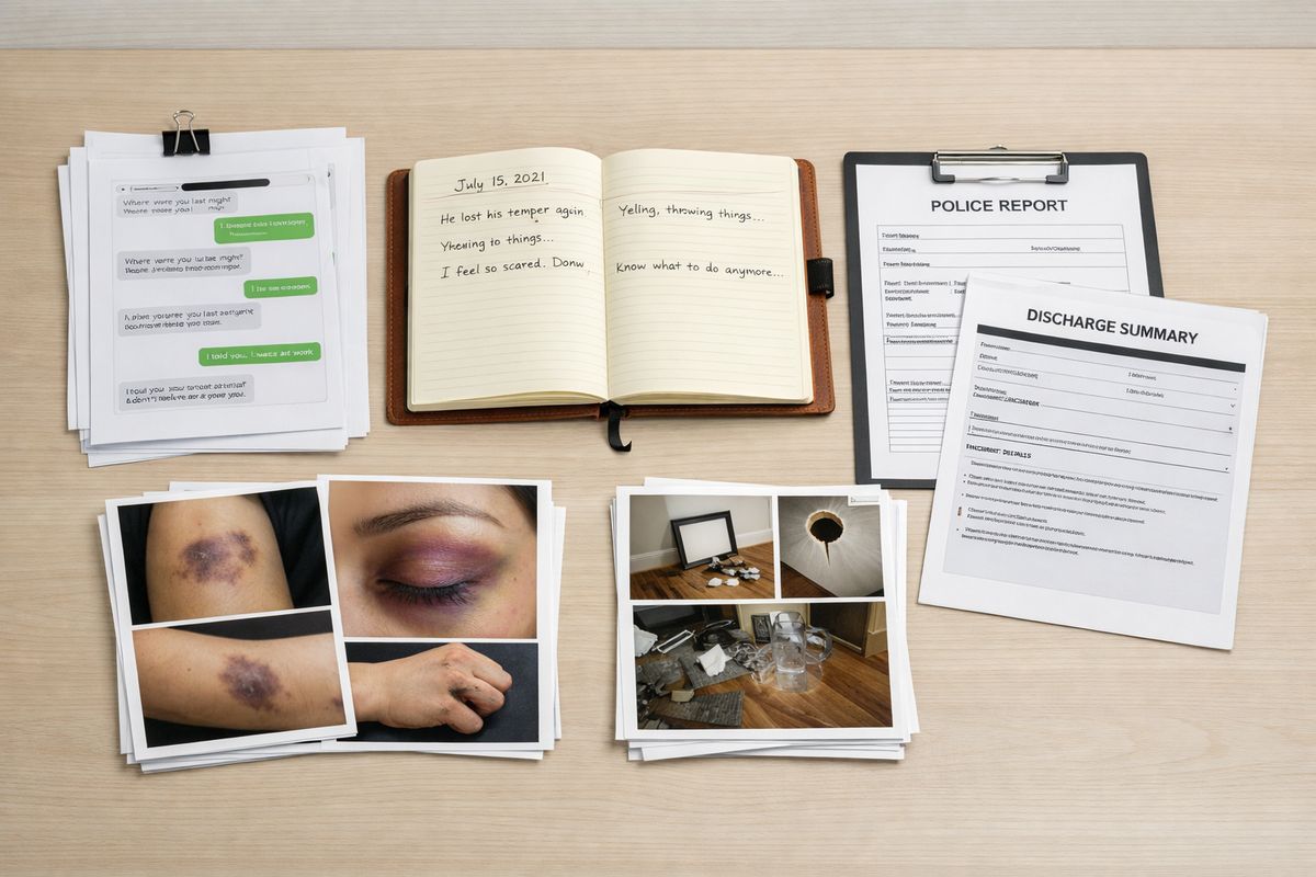 A desktop covered with organized evidence: printed text-message screenshots, a dated journal notebook, a medical discharge summary, a police report, and several printed photographs of bruising and damaged household items arranged in neat piles.