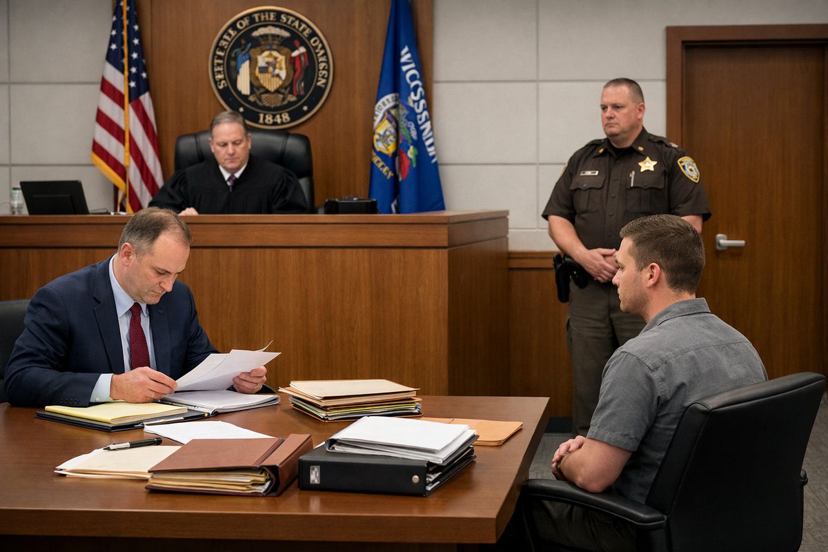 The interior of a Wisconsin courtroom with a judge’s bench, a defense table covered in case folders and binders, a prosecutor reviewing papers, and a sheriff standing near the entrance while a defendant sits quietly at the table during a serious felony hearing