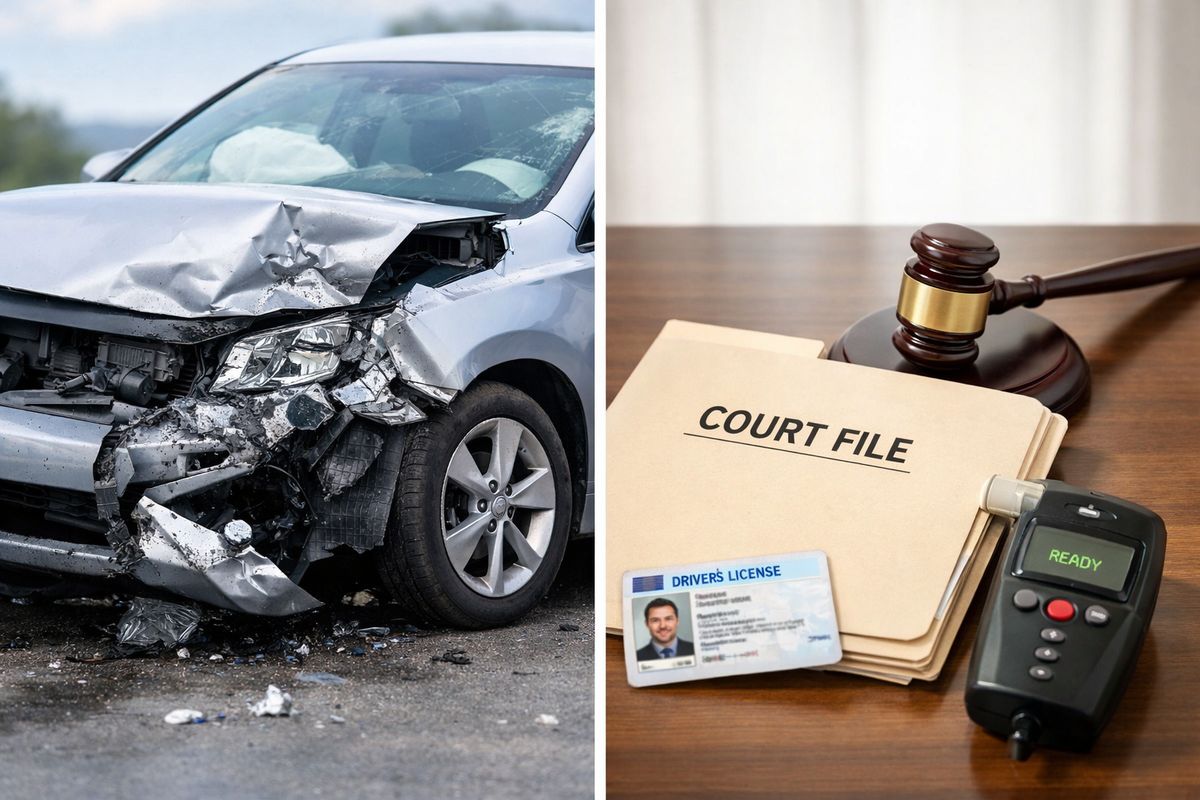 A split legal scene showing a damaged car after a crash on one side and a court file folder with a gavel on the other, set on a desk with a driver's license card and ignition interlock device nearby