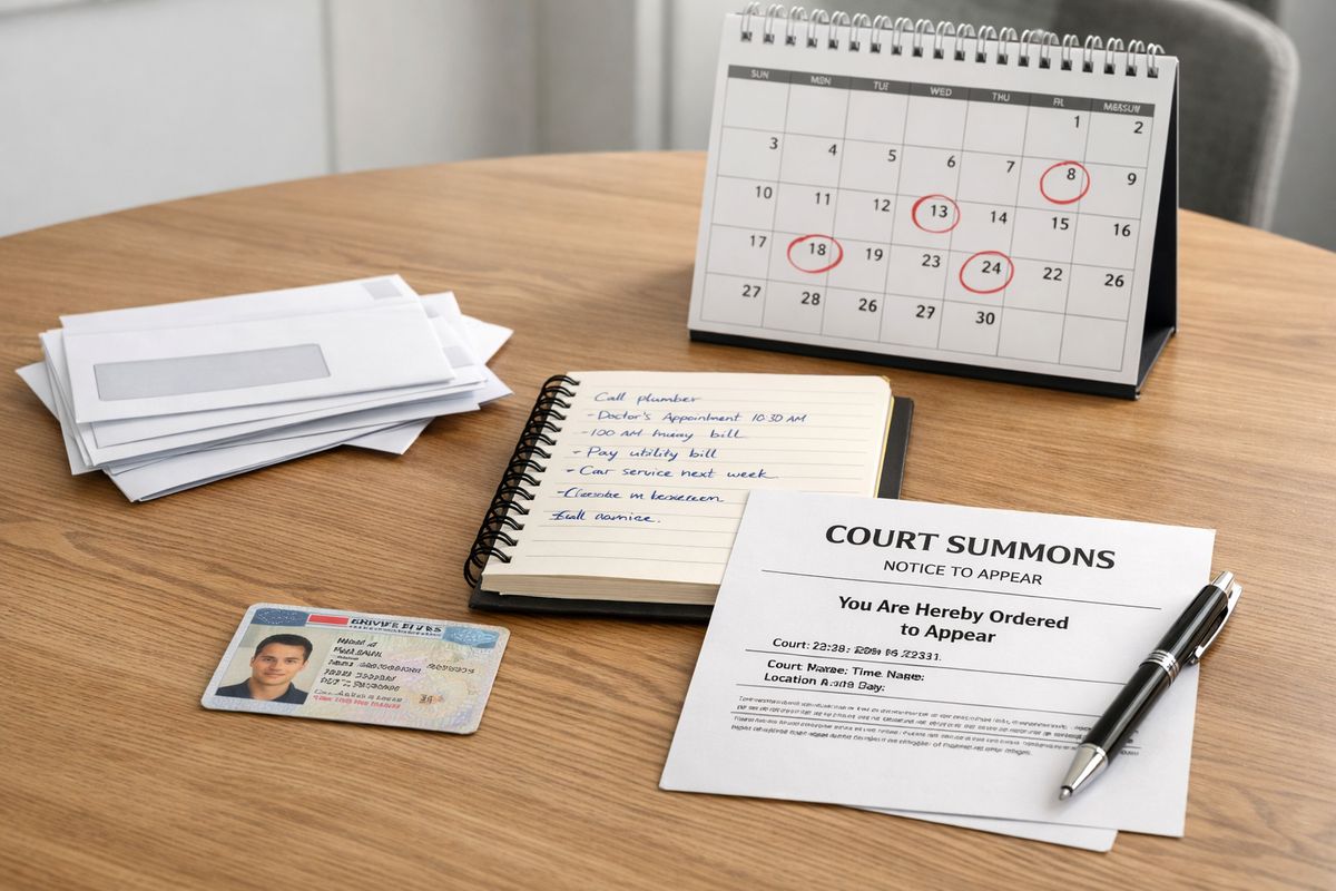 A kitchen table covered with a small stack of official envelopes, a calendar with several dates circled, a notebook filled with handwritten notes, and a driver’s license lying next to a courthouse-style notice and a pen