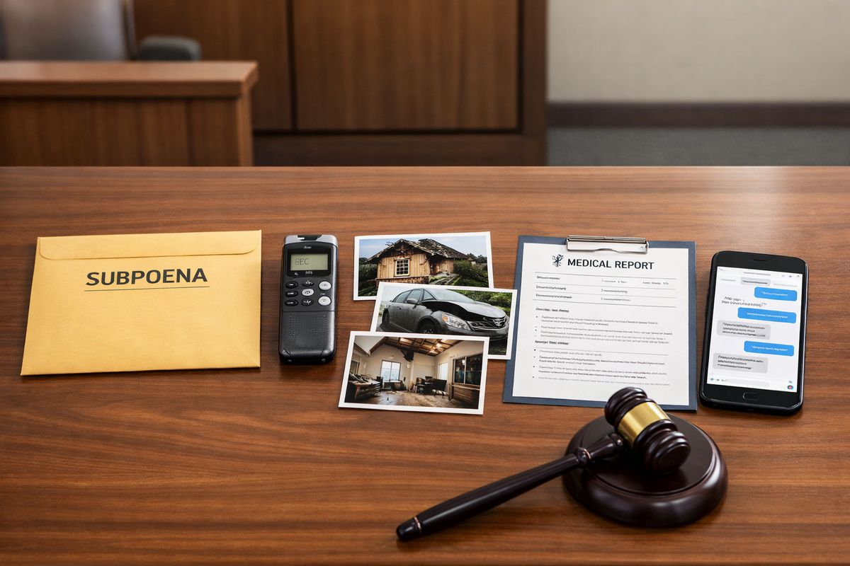 A courtroom witness table with a subpoena envelope, a recording device, printed photos of property damage, a medical report, and a smartphone showing a string of messages laid out beside a gavel