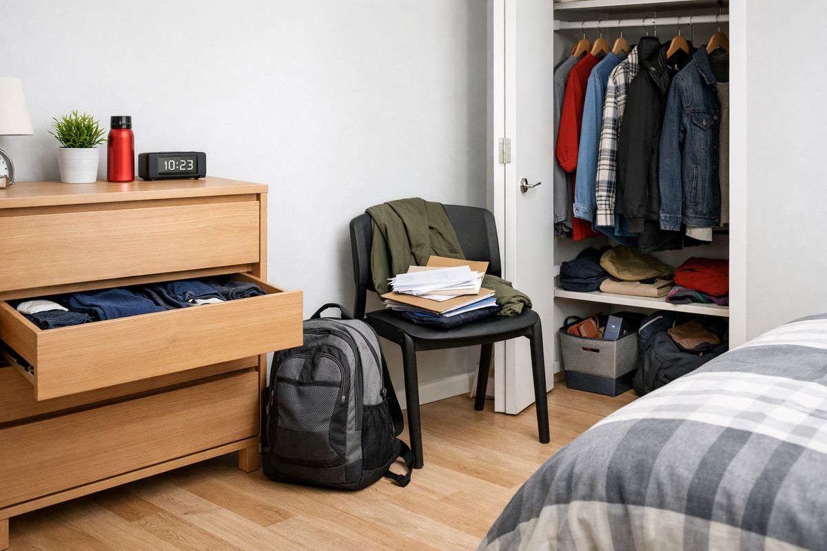 A small shared apartment bedroom with an open dresser drawer, a backpack on the floor near the bed, mail and a jacket on a chair, and a partially open closet showing multiple people’s belongings mixed together