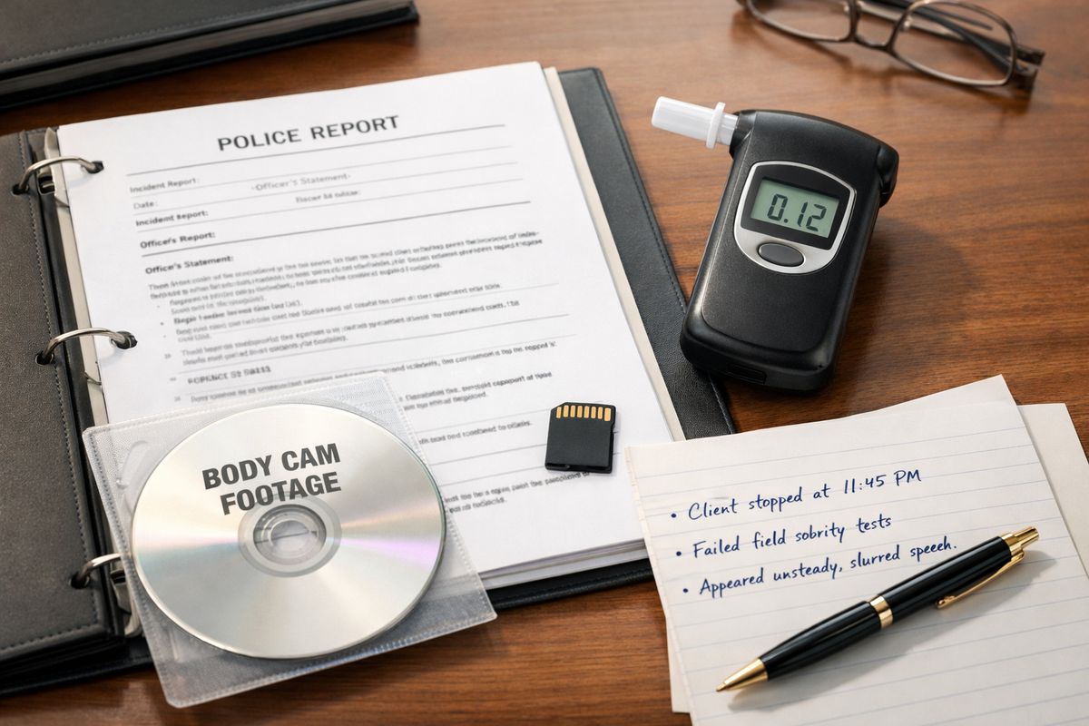 A close-up of a lawyer’s desk with a bound case file open to printed police reports, a compact breath-testing device, a CD or memory card labeled with body camera footage, and handwritten notes spread across the surface