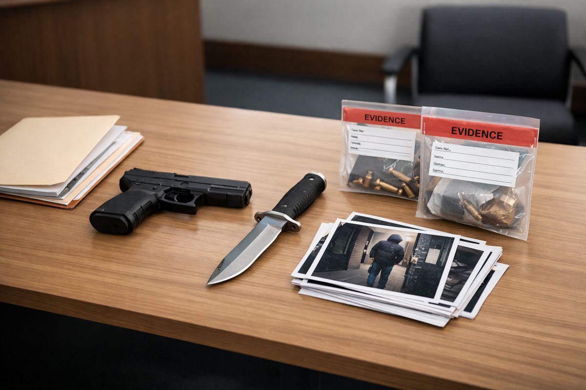 A courtroom exhibit table with a handgun, a knife, a stack of surveillance photos, and evidence bags arranged beside a folder of case materials