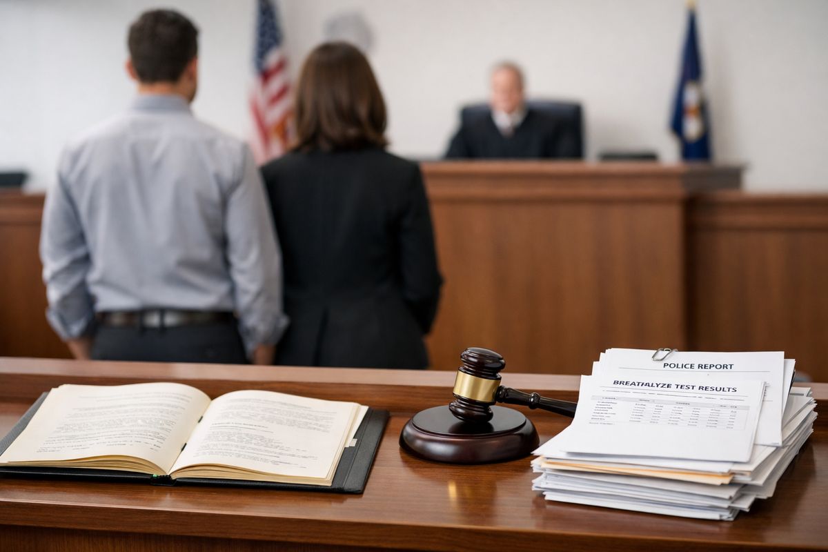 A courtroom bench with an open case file, a judge’s gavel, a stack of officer reports and test result documents, and a person standing beside counsel facing the bench