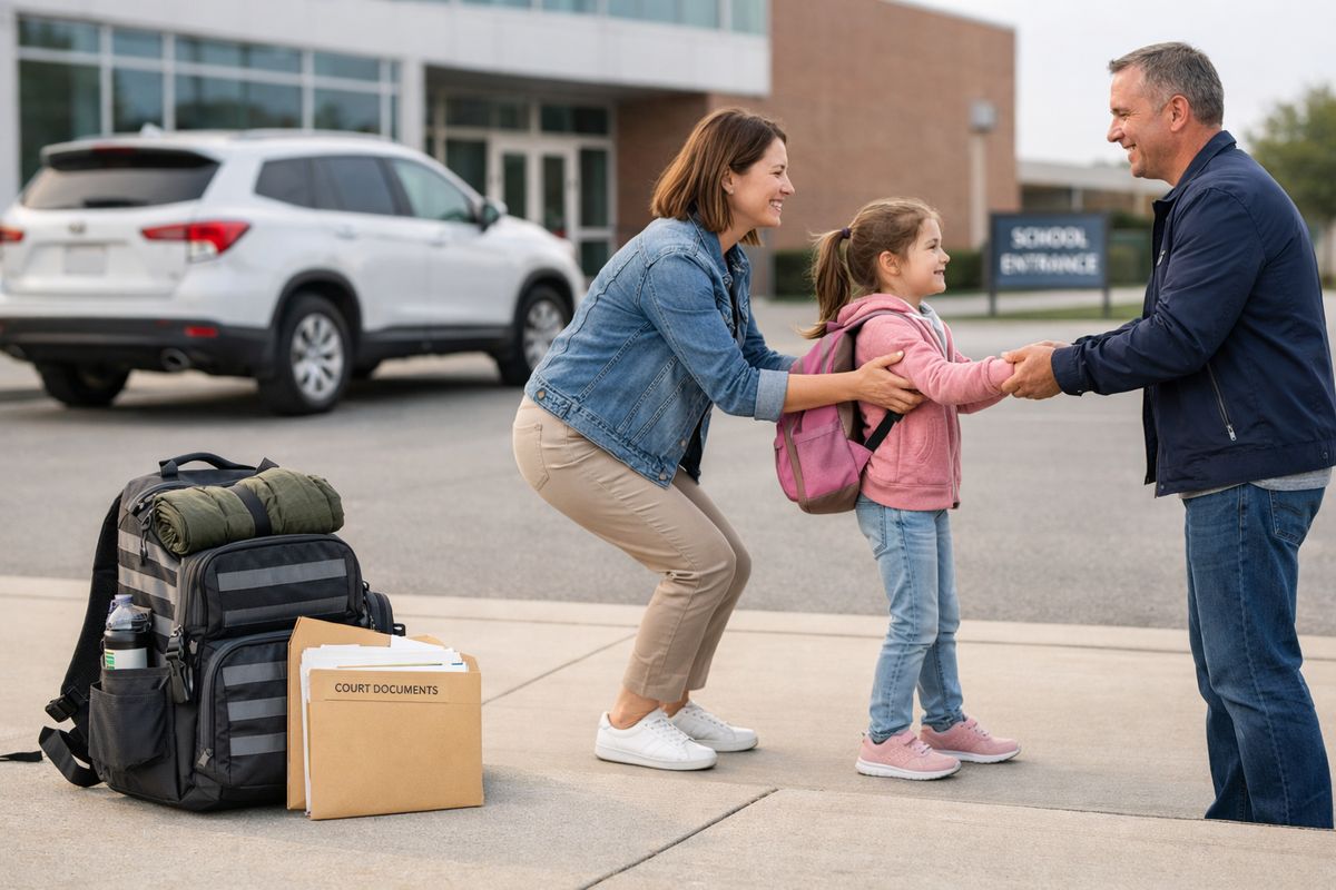 A carefully packed go-bag beside a folder of court papers, a car parked near a school entrance, and a parent handing a child to a trusted pickup adult at a public curbside exchange area with wide spacing between the two adults.