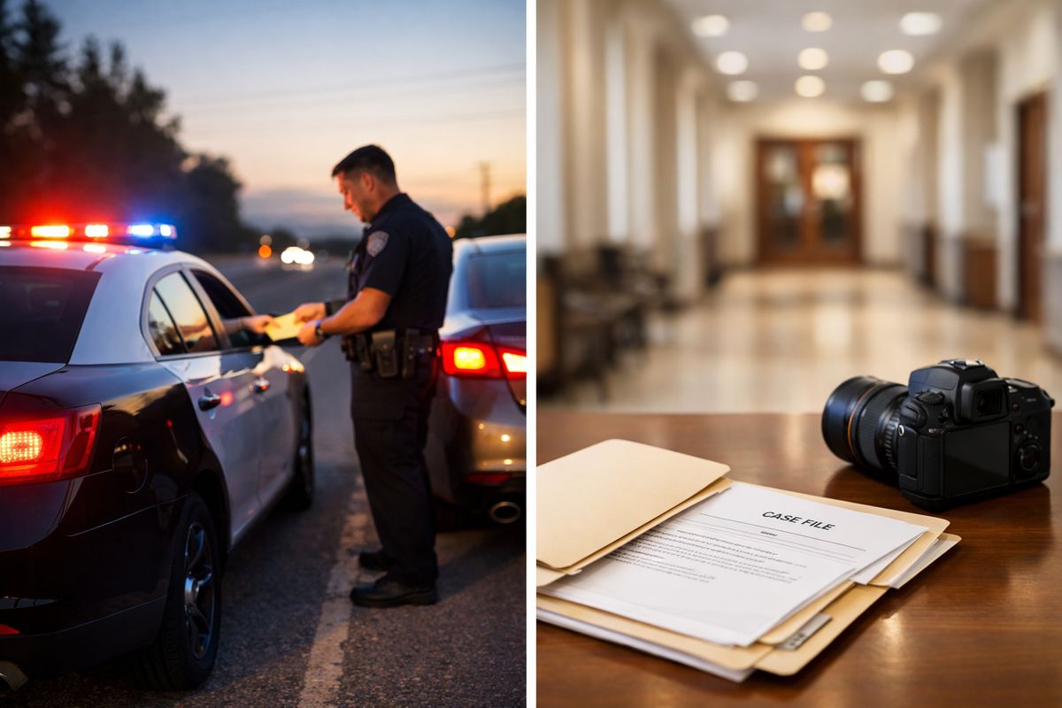 A traffic stop at the roadside at dusk with a parked patrol car, a driver’s vehicle pulled over, a citation being handed over, and a second scene of an open courthouse hallway with a folder of case papers and a camera used for evidence review