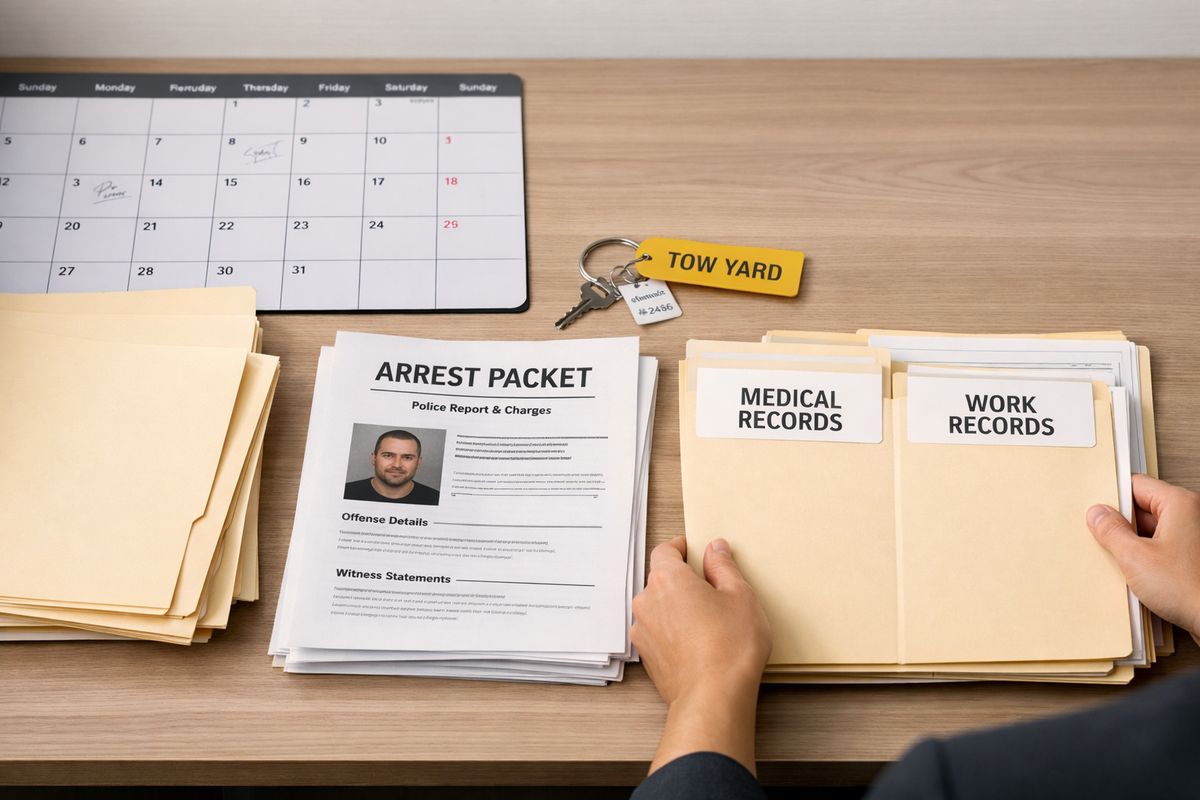 A desk covered with a calendar, manila folders, a printed arrest packet, a vehicle tow-yard key tag, and a folder of medical and work records being organized into separate stacks for an attorney consultation