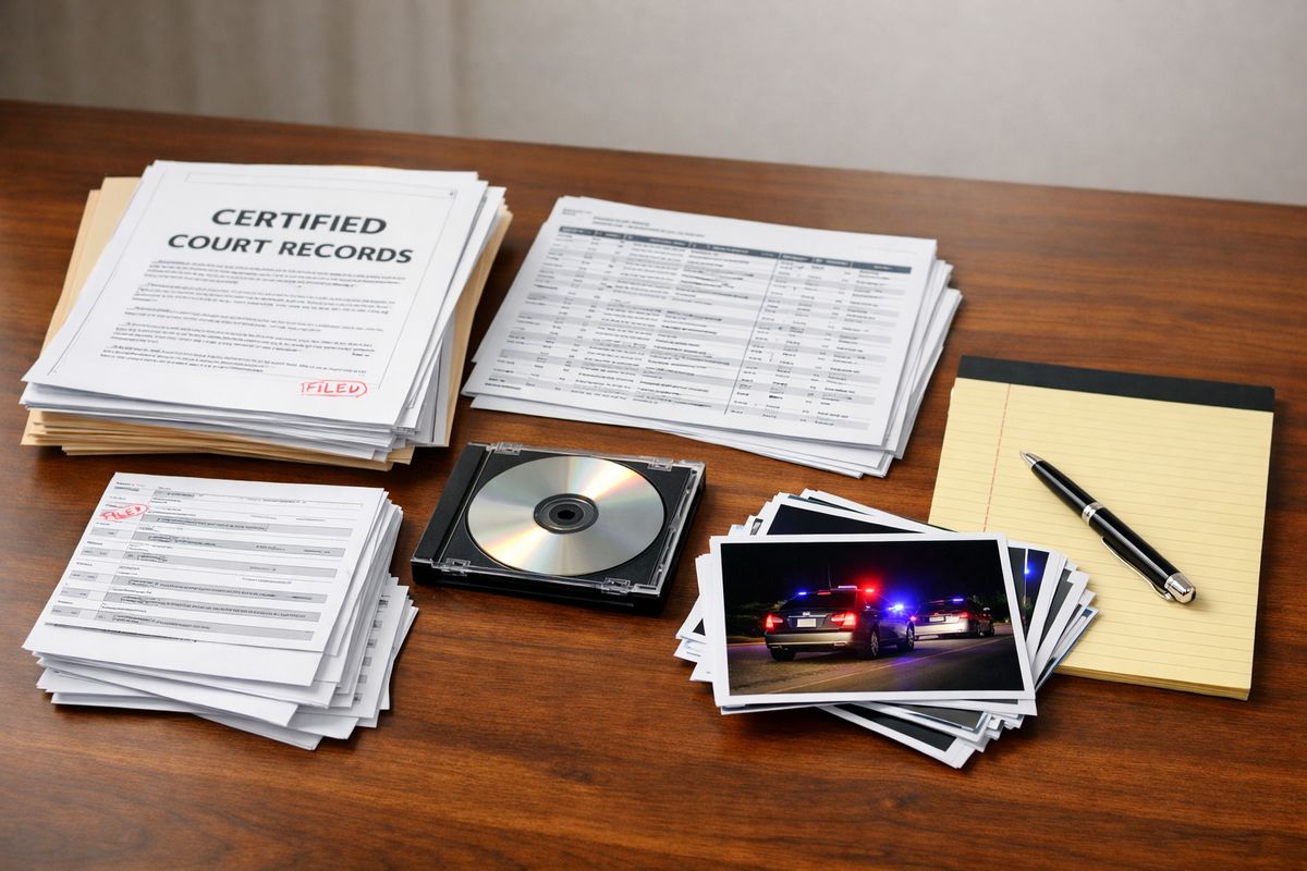 A courtroom table covered with certified court records, printed police dispatch logs, a compact disc case, and a stack of traffic-stop video stills laid out beside a legal pad and pen