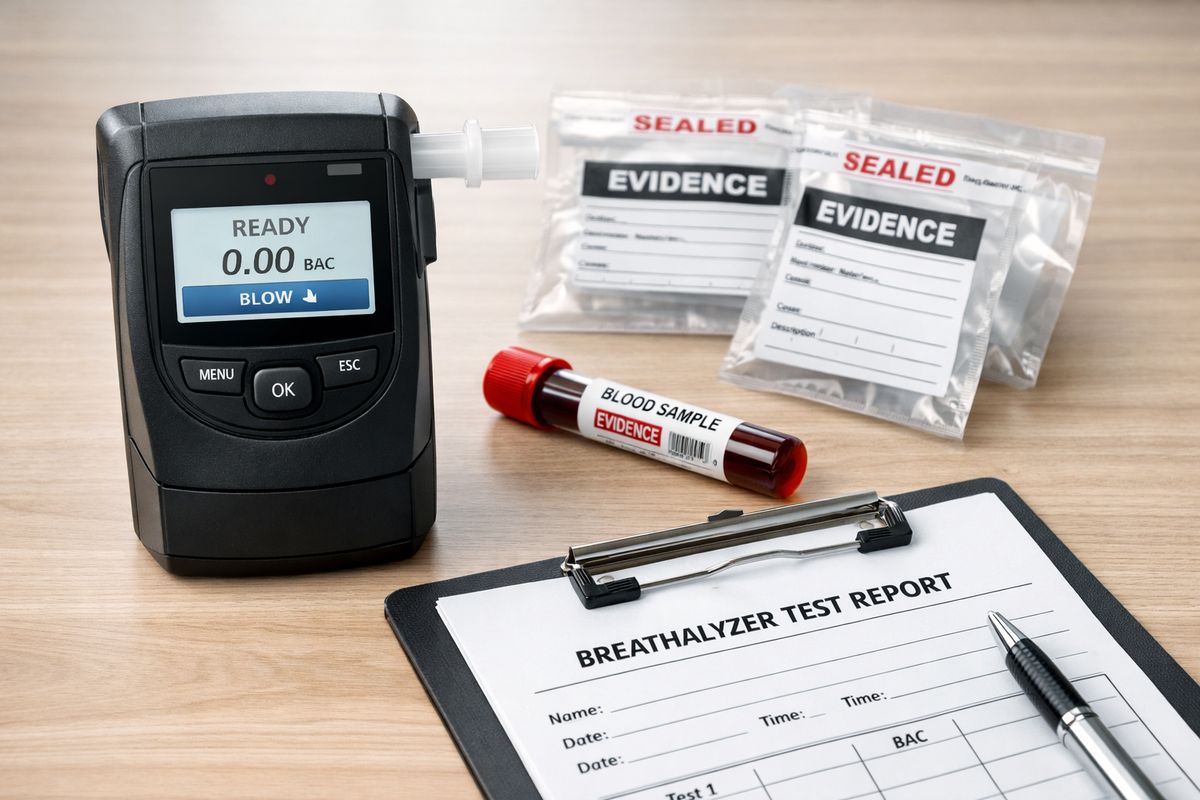A close-up of a police breath-testing machine on a table next to a sealed blood sample tube, evidence bags, and a clipboard, with the equipment arranged like a forensic review of chemical test results