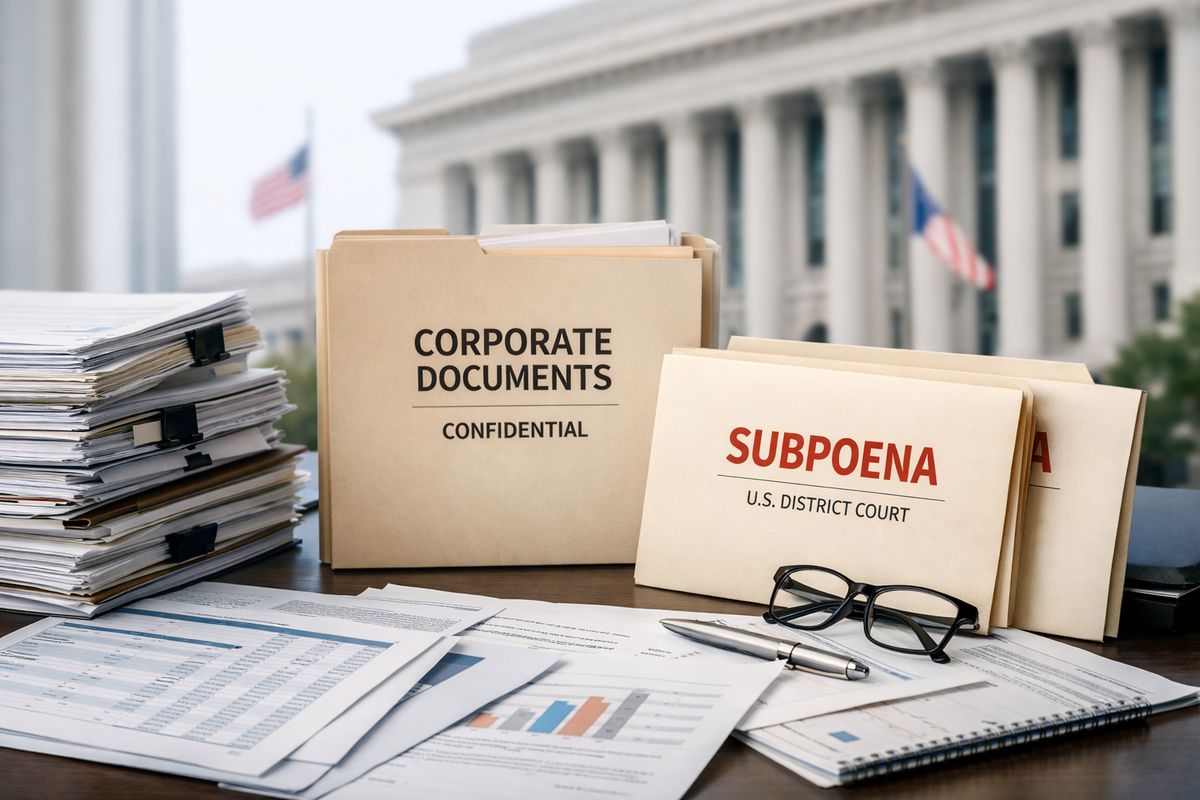 A federal investigation-style scene with stacks of financial records, subpoena envelopes, a folder of corporate documents, and a government building exterior in the background, suggesting a complex white-collar case review