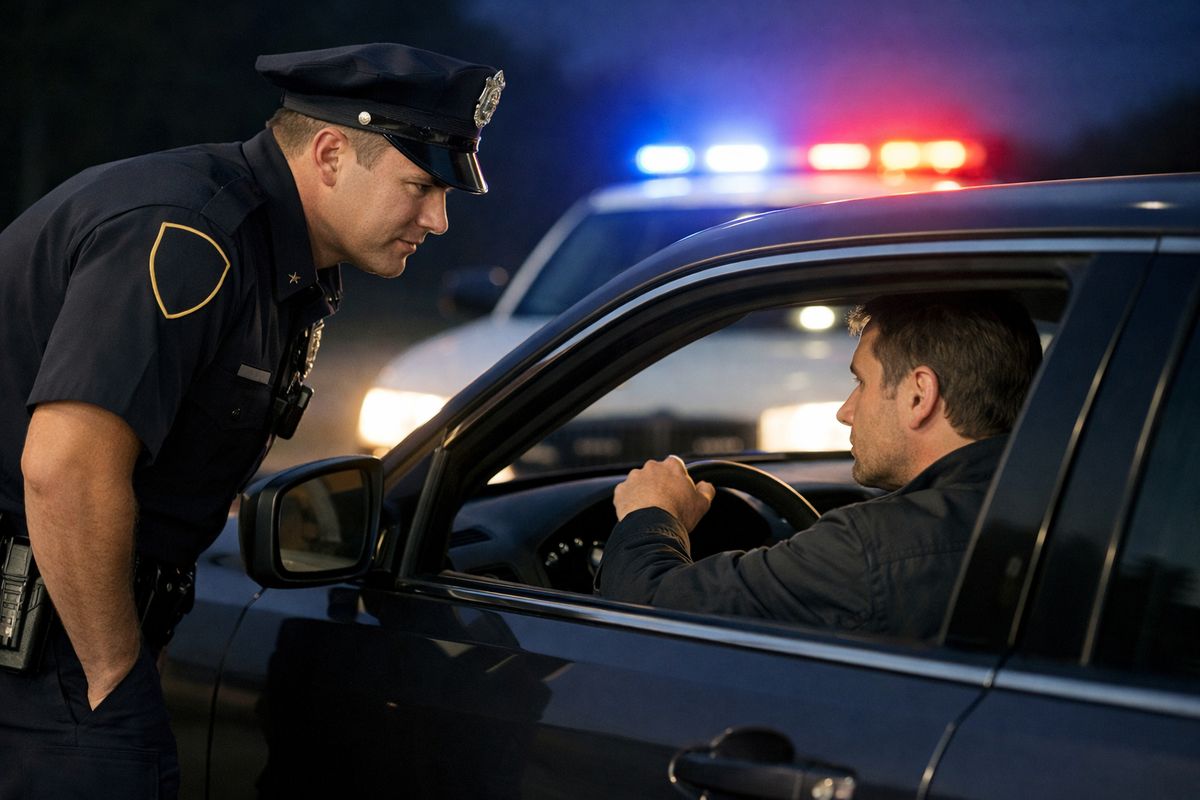 A roadside traffic stop at night with flashing patrol lights behind a parked car, an officer leaning slightly toward the driver’s window, and the driver keeping one hand on the steering wheel while refusing to engage in conversation.