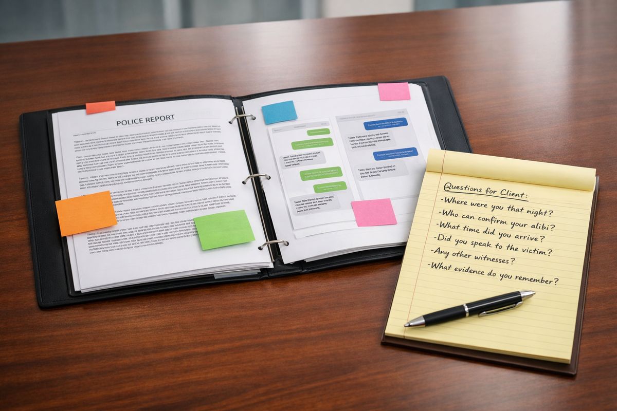 A consultation table with a printed case file spread open, a legal pad filled with handwritten questions, several colored sticky notes marking sections of police reports and text-message screenshots, and a pen ready for notes during a lawyer meeting.