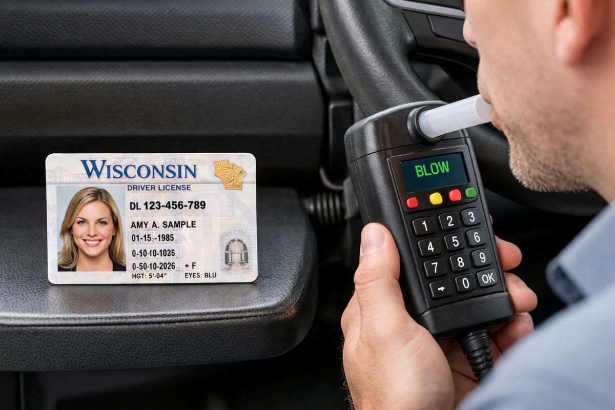 A Wisconsin driver’s license next to a car ignition interlock device mounted below the steering wheel, with a person blowing into the handheld mouthpiece before the vehicle can start