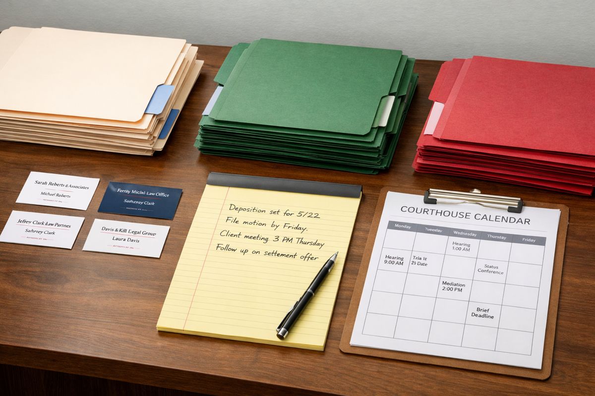 A desk covered with a short list of attorney business cards, a legal pad with handwritten notes, a courthouse calendar, and several organized case folders being sorted into separate stacks for comparison