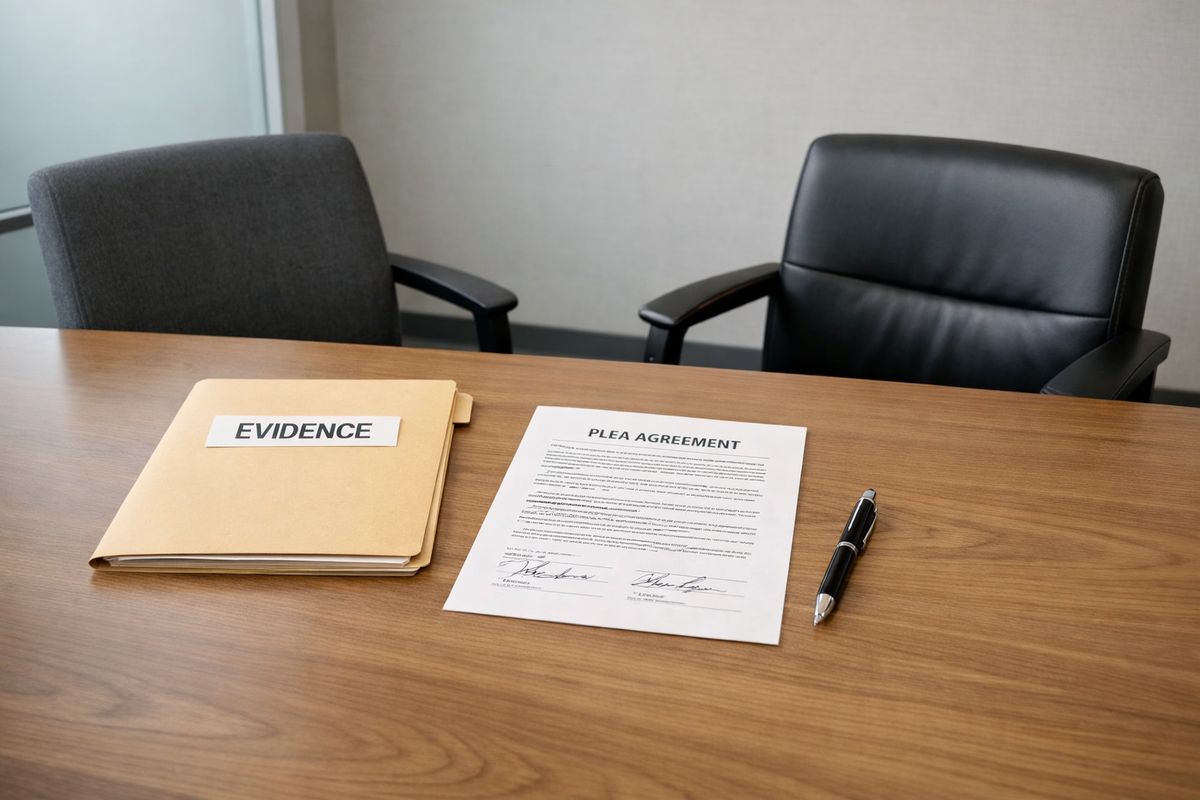 A prosecutor’s conference table with a signed plea agreement, a manila evidence folder, a pen, and two chairs positioned across from each other in a quiet meeting room