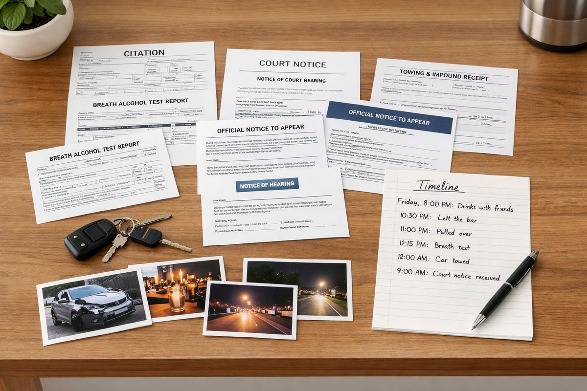 A kitchen table covered with organized legal paperwork, a citation, court notices, a breath test form, car tow receipts, a set of keys, printed photographs, and a handwritten timeline laid out for review